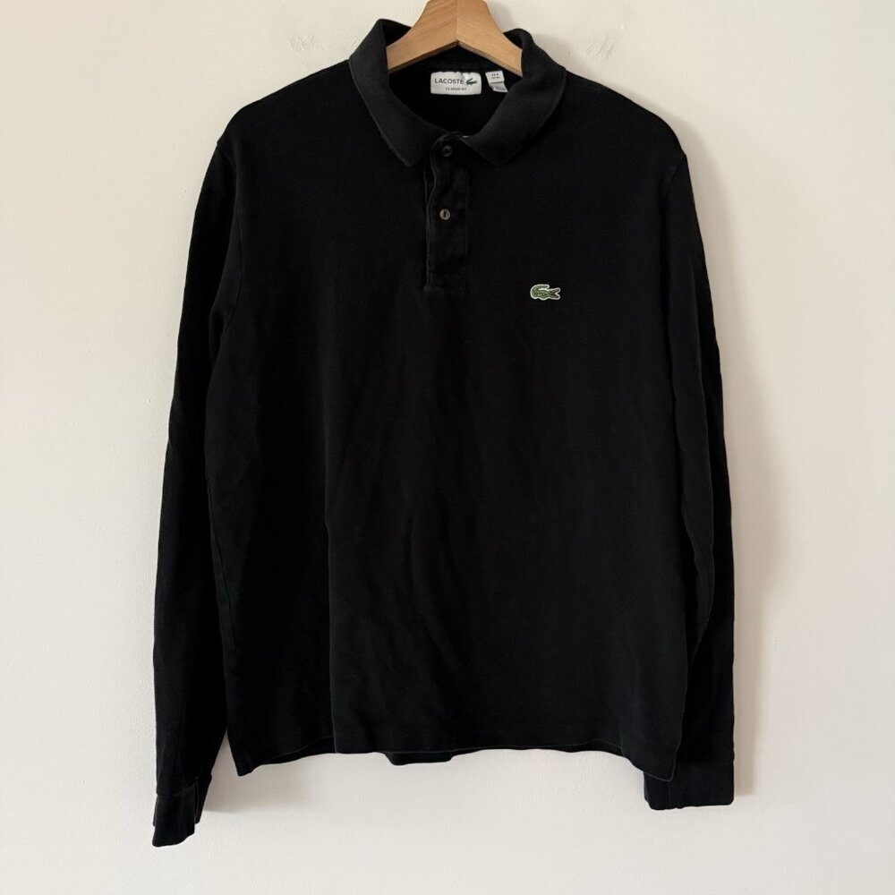Lacoste Polo Shirt Mens XL Black Classic Fit Long Sleeve 100% Cotton Pique